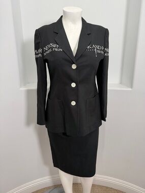 Vintage 90s Laurel  Black Blazer Skirt Suit Embroidered Graphic Luxury EU 42/40